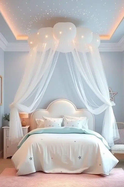 The Cloud Canopy - Elevate the ordinary by draping sheer, billowy fabric from the ceiling to create a dreamy canopy that mimics clouds. This ethereal touch adds height and a sense of wonder while providing a cozy nook for reading or play. Beneath this whimsical sky, a soft, textured rug invites playtime adventures, making every moment a magical experience.