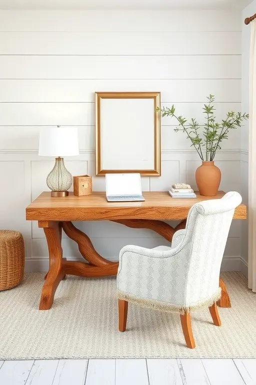 Driftwood Dreams - Replace conventional shelving with pieces crafted from reclaimed driftwood. This natural material not only adds texture but also tells a story, bringing the ocean's journey into your workspace while offering a rustic touch that defies modernist minimalism.
