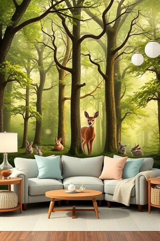 Whimsical Woodland Wrap - Drape your walls in enchanting woodland patterns that evoke the serene beauty of nature. This design features intricate illustrations of foliage and wildlife, creating a sanctuary that feels alive. Pair with earthy tones and rustic wooden accents to enhance the feeling of being surrounded by nature.
