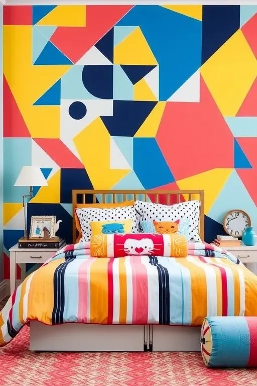 The Bold Bedroom Retreat - Transform your bedroom into a sanctuary of passion and creativity. Apply the 'Muse in Multicolor' to an accent wall behind your bed, enveloping you in warmth and inspiration. Pair with rich textiles and layered textures to develop an inviting atmosphere that ignites the senses.