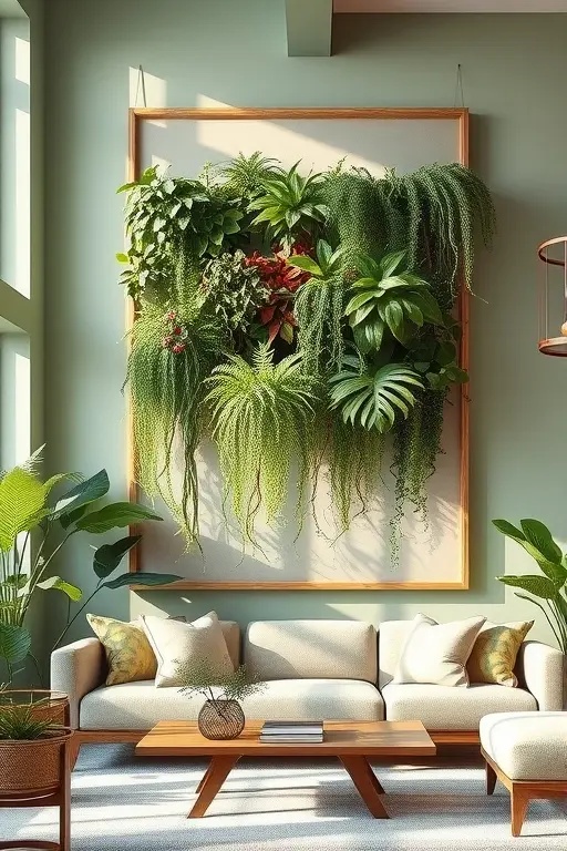 Hanging Garden Poetry - Elevate your wall with a cascading arrangement of hanging plants in macramé or woven baskets. The playful draping of greenery creates a poetic effect, as if nature itself is spilling forth. This vertical garden not only adds depth but also serves as a natural air purifier, keeping your indoor environment fresh and inviting.