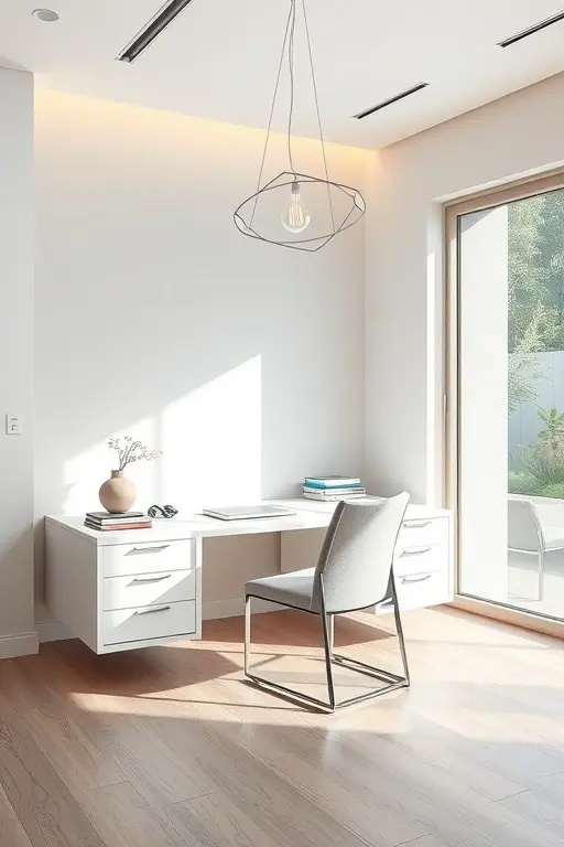 Sleek Sanctuary - The Sleek Sanctuary embodies the essence of modern sophistication. With a monochromatic color scheme and clean lines, this sleek office design offers an air of professionalism. High-tech gadgets and ergonomic furniture blend seamlessly, making this a perfect choice for the tech-savvy and style-conscious individual.