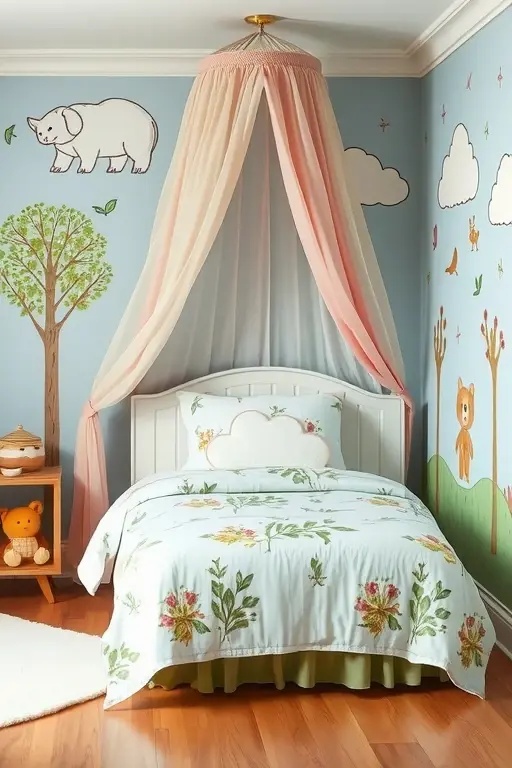 The Nature Nook - Bring the outside in with a nature-inspired theme, incorporating soft greens and earthy tones. Wall decals of trees and animals create a serene forest atmosphere, while potted plants add a breath of fresh air. A low bed styled with organic materials and nature-themed bedding ensures comfort, making it a place where dreams flourish amidst the gentle whisper of leaves.