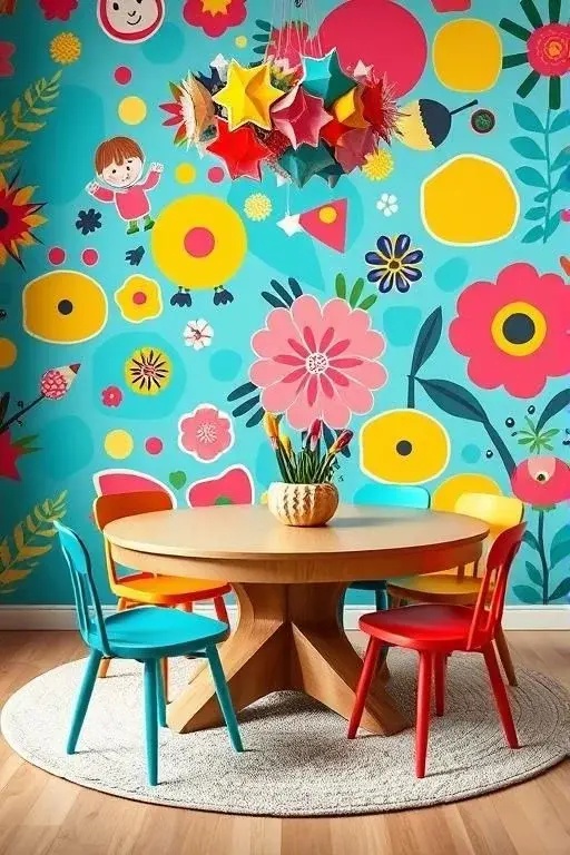 Dramatic Dining Delight - Dine surrounded by drama! Use the 'Muse in Multicolor' to wrap an entire dining room or breakfast nook, creating a lively atmosphere for gatherings. The vibrant hues encourage conversation and connection, making every meal a special occasion.