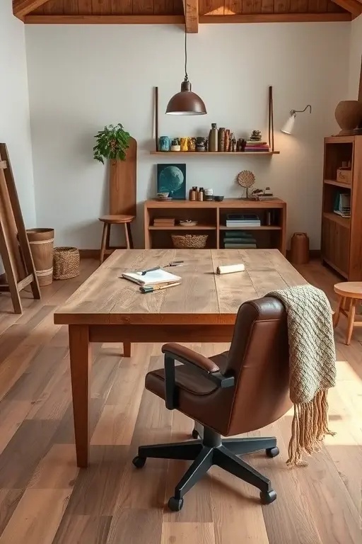 Artisan’s Atelier - Dive into the world of craftsmanship with the Artisan’s Atelier. This office celebrates handmade art pieces, textured fabrics, and a warm color palette. Each element reflects personal taste, making it a space that inspires creativity and encourages artistic expression, no matter your budget.