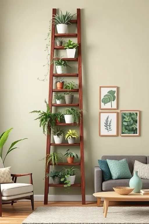 Ladder of Life - Repurpose an old wooden ladder into a striking display of plant life. Lean it against a wall and fill each rung with medium-sized planters. This design not only adds height and dimension to your space but also serves as a conversation starter, celebrating the beauty of vintage finds and the lushness of living art.