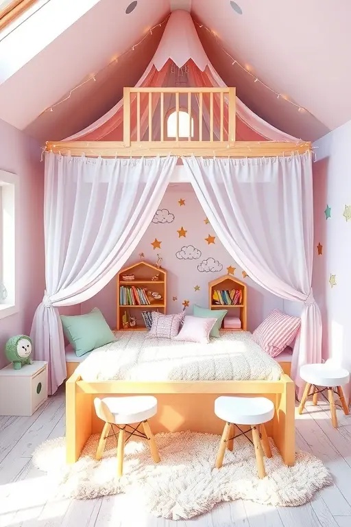 The Cozy Hideaway - Create a snug retreat with a lofted bed that provides a secret hideout below. Utilize the space beneath for soft pillows, fairy lights, and storage solutions that keep toys tucked away yet accessible. This layered approach not only maximizes space but also invites hours of imaginative play, offering a comforting haven where little adventurers can rest and recharge.