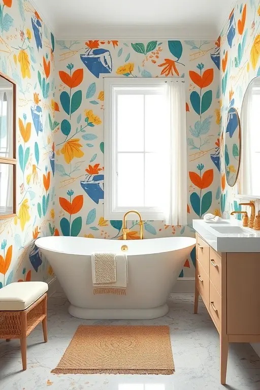 Bathroom Bliss: A Spa-Like Retreat - Reimagine your bathroom into a spa-like retreat with 'Muse in Multicolor'. This wallpaper can infuse the space with a playful personality, wrapping your walls in patterns that evoke tranquility and inspiration. Pair with natural materials and soft lighting for a blissful escape.