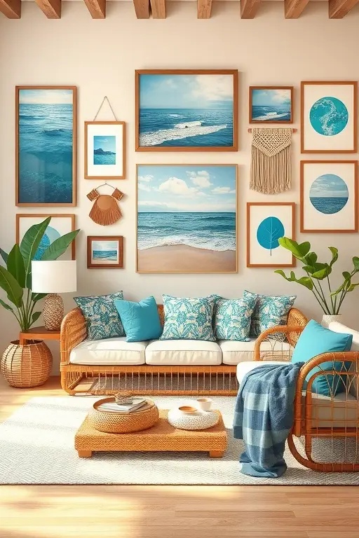 Eclectic Gallery: A Frame of Mind - Turn your walls into a canvas of summer stories! Create an eclectic gallery wall that juxtaposes bold blue and white artwork with rattan-framed mirrors. This playful combination will reflect light and laughter, making your space feel alive and ever-evolving.