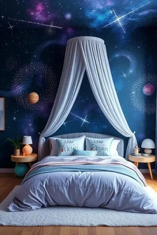 Galactic Oasis - Imagine a canopy bed draped in sheer, iridescent fabrics that shimmer like the night sky. Layer soft pastel pillows that echo the colors of dawn, and hang twinkling star lights overhead to create a soothing celestial vibe. This space feels like a cosmic escape, inviting you to drift into dreams among the stars.