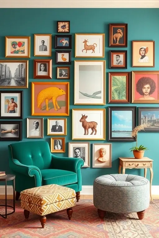 Eclectic Gallery Wall Gone Wild - Forget symmetry! Create an unapologetically chaotic gallery wall filled with everything from thrifted art to childlike doodles. Frame mismatched items in every size and shape. Layer in mirrors for depth and consider unconventional materials like wood or metal to make it truly yours. It’s a visual party that tells your story without a single perfect match!