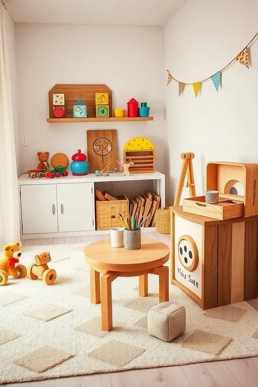 Cherished Play Haven - Elevate your living space with the Cherished Play Haven—a cozy corner adorned with vintage-style wooden puzzles and plush, patterned rugs. This inviting area encourages exploration, where each toy tells a tale, and every rug weaves comfort into the experience. Layer textures for depth, mixing a whimsical printed rug with a finely woven area rug, enhancing both aesthetics and tactile engagement. Perfect for fostering creativity while remaining effortlessly chic.