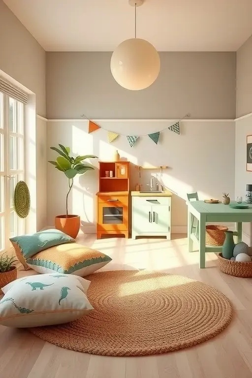 Natural Wonder Play Zone - Create a cozy play zone with a touch of bohemian flair. Layer soft, earth-toned rugs to define a space for storytelling and imaginative play. Incorporate natural wood elements with minimalist shelving to display an adorable collection of dinosaur toys and books. Add textured cushions in muted colors for seating, ensuring comfort while keeping the design clean and modern. This setup invites creativity while maintaining a clutter-free environment.
