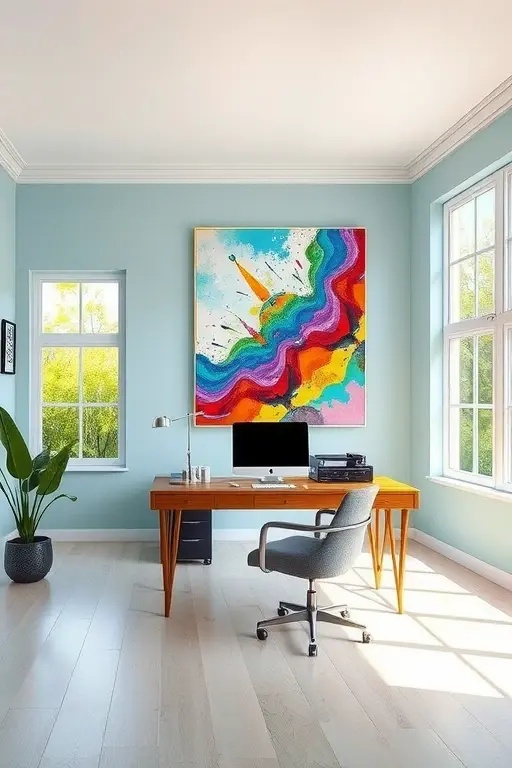 The Artistic Haven - Unleash your creativity in an Artistic Haven, a space that reflects your personality and passions. This concept embraces vibrant colors and eclectic decor that inspire artistic expression. Think bold accent walls, dynamic artwork, and shelves adorned with books that spark joy. A multi-functional workspace, complete with a drawing board or an inspiring mood board, fosters innovation. By infusing your office with personal touches and elements that resonate with your creative spirit, you cultivate an atmosphere where ideas flow freely and inspiration flourishes.