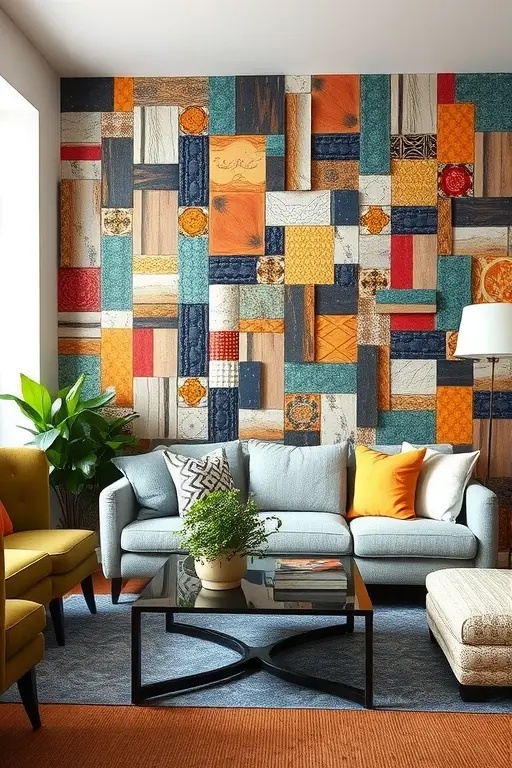 The Urban Mosaic: Reclaimed Material Collage - Unleash your inner artisan with a reclaimed material collage that celebrates urban textures and stories. This idea invites you to gather discarded wood, metal scraps, and fabric remnants, and expertly arrange them into a vibrant mosaic that reflects your personal journey. Each piece tells a tale of sustainability and creativity, making your wall a testament to both artistry and environmental consciousness. Hang this dynamic masterpiece in a hallway or dining area to spark conversations and inspire awe.