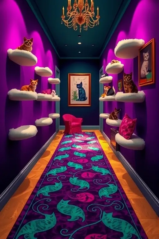 Purrfectly Posh Passageway - Turn your hallway into a whimsical feline gallery with a series of floating shelves that resemble a modern art installation. Each shelf, adorned with curated trinkets and lined with soft fabric, provides your cat with a vertical playground while adding a playful yet artistic touch to your home. By mixing different shapes and colors, you create an eye-catching visual flow that not only delights the eyes but also encourages your beloved feline to explore every inch of this newfound territory.