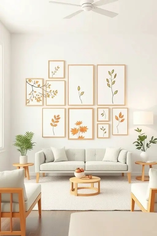 Crisp Air Wall Collage - Celebrate the nostalgic essence of fall with a Crisp Air Wall Collage. Choose a blank wall and adorn it with an eclectic mix of framed autumn-themed prints—think botanical illustrations, golden leaves, and cozy cabin scenes. Opt for a harmonious color palette of burnt oranges, deep reds, and muted greens. Add texture with woven fabric pieces or a lightweight quilt hung casually alongside. This wall collage not only encapsulates the spirit of the season but also becomes a focal point, inviting admiration without overwhelming your space.