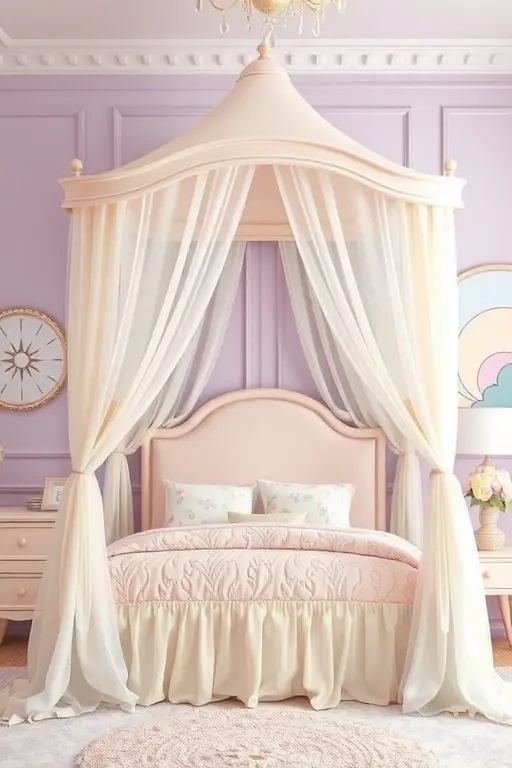 Pastel Dreamscape - Embrace the power of color with a pastel palette that dances along the spectrum of tranquility. Layer plush, pastel pillows in varying shades and textures on your canopy bed, inviting comfort and creativity. Frame the bed with a canopy of muted floral prints or soft botanical elements, intertwining with twinkling fairy lights that mimic the soft glow of dawn. This dreamy retreat invites you to drift away on clouds of color, where every night's sleep is a journey into a serene dreamscape.