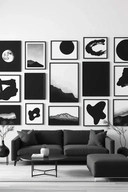 The Monochrome Melody - Embrace a more refined approach with the Monochrome Melody, where simplicity meets elegance. This design centers around a cohesive color palette—think blacks, whites, and soft grays. Each black frame holds an abstract print that complements its neighbors, creating a serene flow that whispers sophistication. Position these prints in a grid formation that speaks to balance and order, allowing the viewer to savor the subtleties of shape and texture. This arrangement not only enhances the space but also serves as a calming focal point in any room.