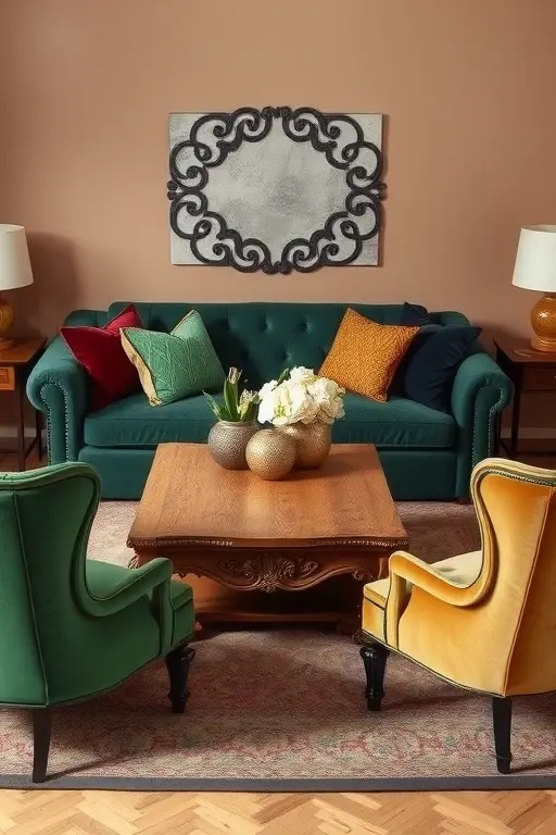 Rustic Elegance Lounge - Picture a modern farmhouse setting, where a pair of sapphire velvet armchairs face each other across a distressed wooden coffee table. Flanking these lush seats are matte brass side tables, their geometric shapes adding a contemporary twist to the rustic vibe. Each table holds a handcrafted ceramic mug and a flickering candle, infusing the space with warmth. This design creates an inviting atmosphere for intimate conversations, merging the comfort of tradition with a bold, artistic flair that sparks creativity.