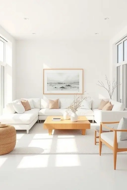 The Minimalist Gallery - Create a serene gallery wall behind your white sofa using a collection of framed art, mirrors, or even floating shelves with curated decor items. Opt for a sleek, sculptural wooden coffee table that acts as both a functional piece and a work of art. Incorporate a few potted plants to add a pop of life and color, ensuring your living room remains sophisticated without losing its personality.