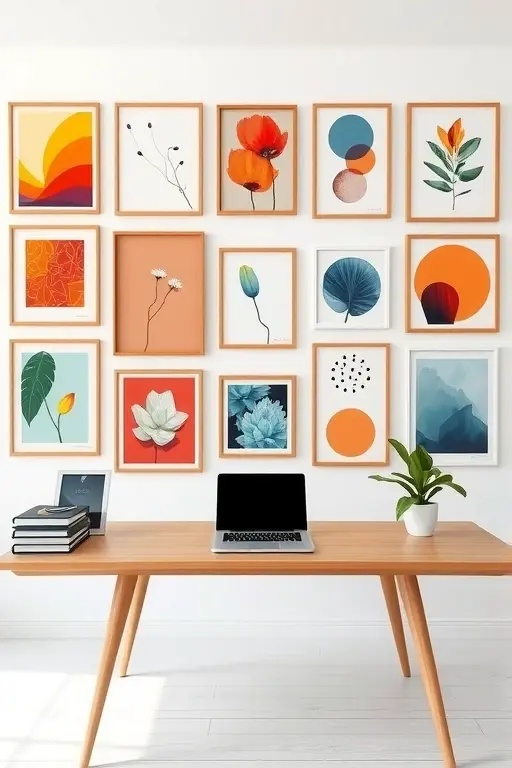 The Color Cascade - Imagine a flowing gradient of color that cascades across your wall. Start with deep indigos at the left, transitioning through jewel tones, and concluding in warm, inviting earth tones on the right. Each piece, be it a painting, print, or textured textile, should resonate with your personality and aspirations. This seamless color transition not only captivates the eye but also creates an uplifting atmosphere, encouraging you to immerse yourself in your work.