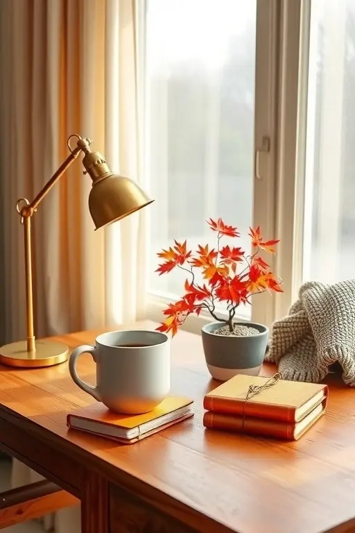 Mug & Maple Retreat - The Mug & Maple Retreat invites you to indulge in the comforts of autumn through thoughtful arrangements. Picture a sturdy wooden desk, topped with a beautifully crafted, oversized mug cradling your favorite warm drink. Surround it with small potted maple trees, their leaves a brilliant display of red and gold. The combination of earthy wood, vibrant foliage, and the cozy embrace of a warm drink creates a tactile connection to nature, grounding you amidst your work. Each sip becomes a reminder of the season’s beauty, encouraging moments of pause and reflection.