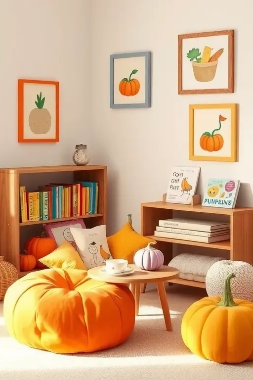 Gourmet Glow - Elevate the play corner with intricately designed lanterns featuring carved pumpkin motifs, casting playful shadows on the walls. Drape luxurious, soft throw blankets across a cozy floor cushion area, accented by decorative pillows in deep rust and gold. This corner’s inviting allure encourages cozy gatherings for games and crafts, all framed by the gentle flicker of warm lighting that transforms the space into a dreamy autumn retreat.