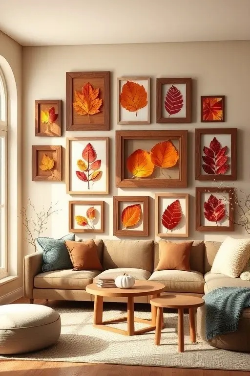 Serene Seasonal Symphony - For those who prefer a more minimalist approach, the Serene Seasonal Symphony is a harmonious blend of muted leaf prints and sleek wooden frames. Choose a calm color palette—think soft browns, dusty greens, and gentle grays—and organize the prints in a grid format, where each piece compliments the next. This arrangement serves as a serene backdrop for introspection and relaxation, making it perfect for a cozy reading nook or a peaceful bedroom. Here, every glance will evoke a sense of tranquility, reminiscent of a crisp fall morning where nature whispers its secrets.