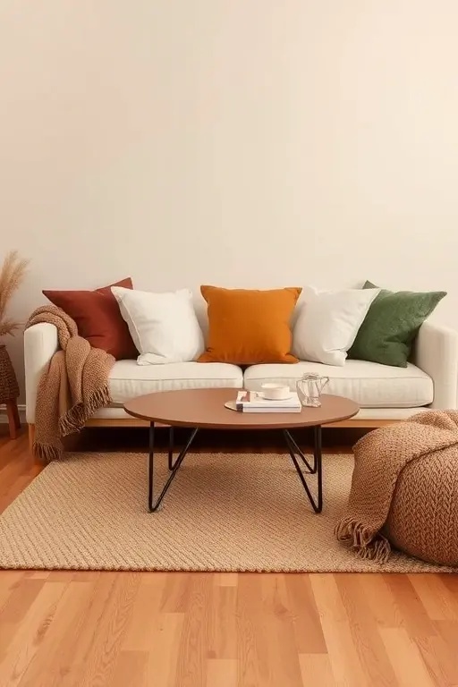 Layered Textures: The Cozy Collage - Challenge the minimalist ethos by layering different textures and finishes that complement your beige sofa. Think velvet throw blankets draped casually, woven baskets filled with seasonal gourds, and a gallery wall featuring abstract art inspired by autumn hues. This eclectic mix creates an inviting collage that feels both cohesive and daring. The key is to balance the visual weight with lighter elements, ensuring your space feels like a warm hug on a chilly autumn day.