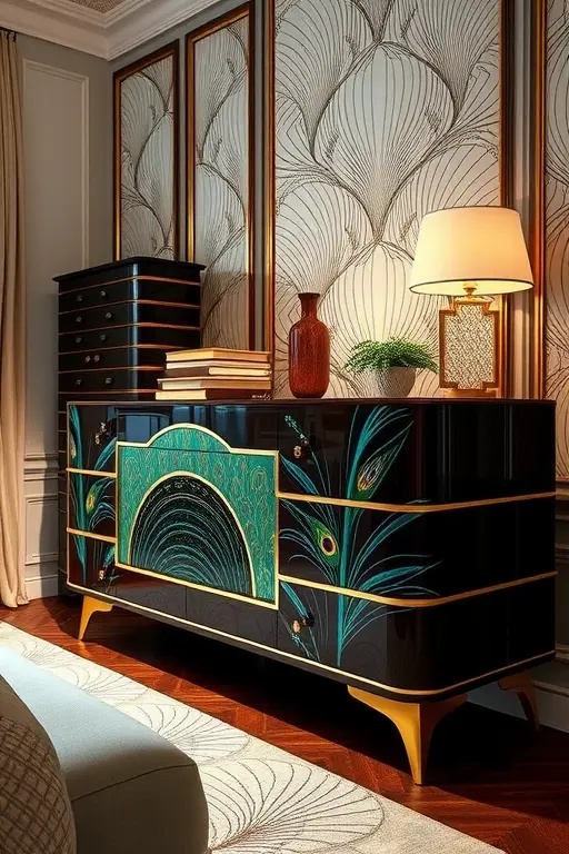 Art Deco Dream Dresser - Meet the dresser that redefines elegance. With bold geometric shapes and a color palette reminiscent of a roaring 20s gala, this hand-painted masterpiece combines luxurious gold accents with deep emerald greens and rich blues. It’s not just storage; it’s a statement—perfect for a bedroom that craves sophistication and drama.