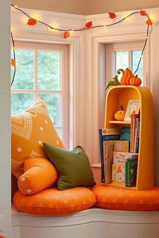 Pumpkin Patch Reading Nook - Transform a corner of your child's room into a cozy pumpkin patch reading nook. Use a mix of plush, orange bean bags and oversized fabric pumpkins for seating. Drape autumn-themed quilts and pillows, creating a tactile paradise for your little ghouls to settle in with their favorite spooky stories. Add string lights above for a soft glow that invites them to cozy up in a space that celebrates the season without feeling like a haunted forest.