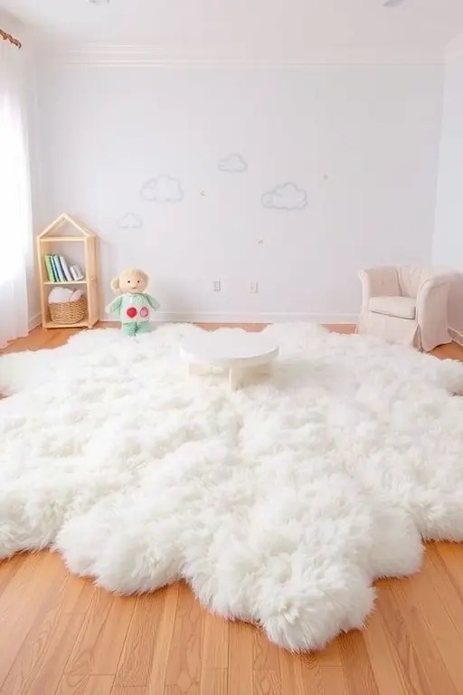 Cloud Nine: The Fluffy White Rug Retreat - Ground the room with ‘Cloud Nine’, a sumptuous, fluffy white rug that beckons exploration and comfort alike. This plush paradise not only softens the floor but invites spontaneous play and cozy story-telling sessions. Its texture mimics fresh snow, offering a tactile experience that sparks joy and warmth, perfect for snowy winter days when outdoor adventures are fleeting. A retreat within a retreat, this rug transcends the traditional, becoming a beloved landmark in the landscape of childhood.