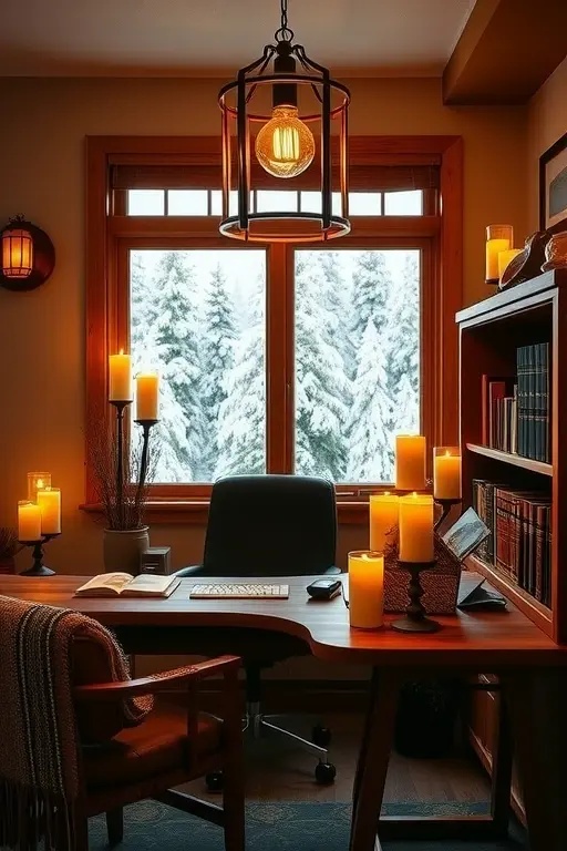 Candlelit Comfort: Embracing the Glow - Add a touch of magic with the Candlelit Comfort approach. Drape a luxurious faux fur chair cover over your seating to introduce layers of texture and warmth, making every work session feel indulgent. Surround yourself with a collection of scented candles, illuminating your space with a soft, flickering glow. Choose winter-inspired fragrances like pine or cedarwood to transport you to a tranquil mountain retreat, invigorating your mind while calming your senses.