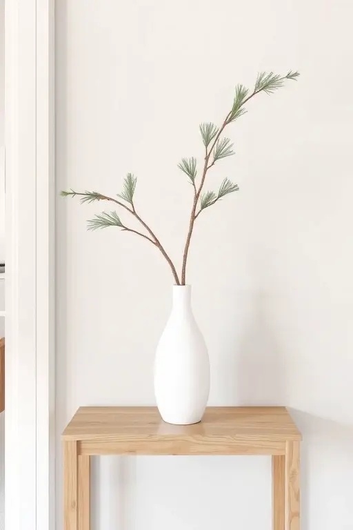 Nature's Symphony: The Pine Harmony - Create a stunning focal point by using a tall, slender white vase that reaches for the ceiling, paired with a gracefully arching pine branch. This design mimics nature's playfulness and wildness while remaining refined and intentional. Position this arrangement near an entryway mirror to reflect the greenery, amplifying feelings of openness and connection to the outdoors. Let the gentle curves of the pine branch dance in the soft winter light, filling the space with warmth and a sense of peace.