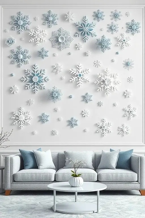 Frosted Gallery - Create a frosted gallery wall that captures the essence of a winter wonderland. Frame the 3D snowflakes within shadow boxes, interspersed with soft, ambient lighting to illuminate their intricate designs. This layout invites a sense of nostalgia and warmth, reminding you of the joy found in shared moments with family and friends during the frosty season. It's an inclusive design statement that welcomes all aesthetics, from minimalist to eclectic.