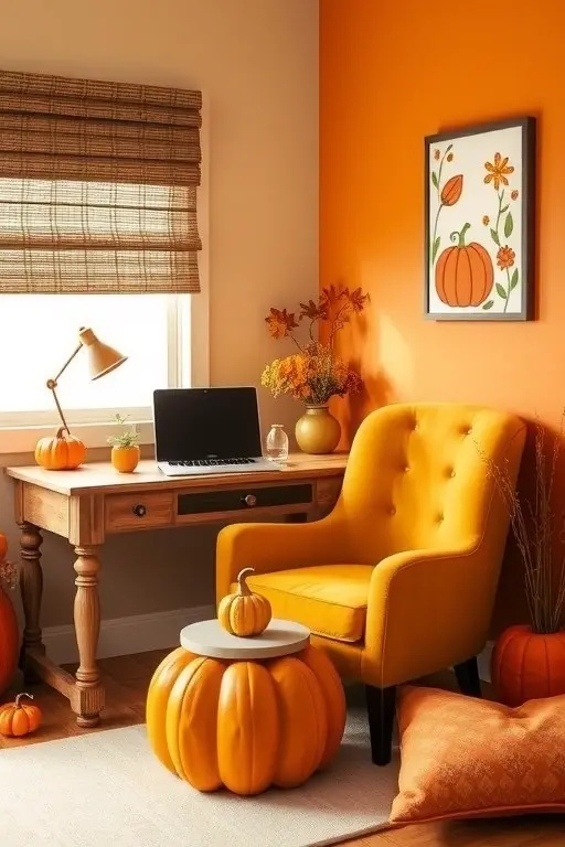 Whimsical Pumpkin Patch Corner - Transform a mundane corner into a whimsical wonderland with a curated collection of pastel pumpkins in peach, mint, and pale orange. Arrange them on floating shelves next to quirky art pieces and a macrame plant holder for a trendy boho touch. Incorporate a cozy reading chair in soft gray and a fluffy throw blanket to invite those chilly autumn evenings. This playful setup not only inspires productivity but also doubles as a delightful conversation starter—perfect for your next Zoom call!