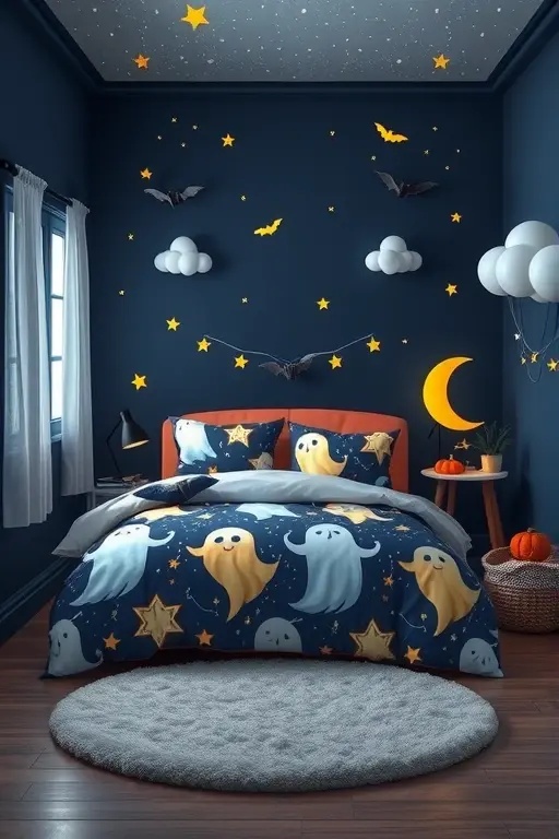 Celestial Haunt - Let the stars align for a hauntingly beautiful experience! Create a celestial scene in your living space by placing glow-in-the-dark stars amongst ghost stickers. Position the ghosts trailing in a whimsical flight path, as if they’re playfully dodging the stars’ twinkling glow. Use clear fishing line to suspend the stars from the ceiling for a 3D effect that adds depth and intrigue. When the lights go out, watch as your room transforms into an ethereal night sky—inviting, mystifying, and utterly magical.