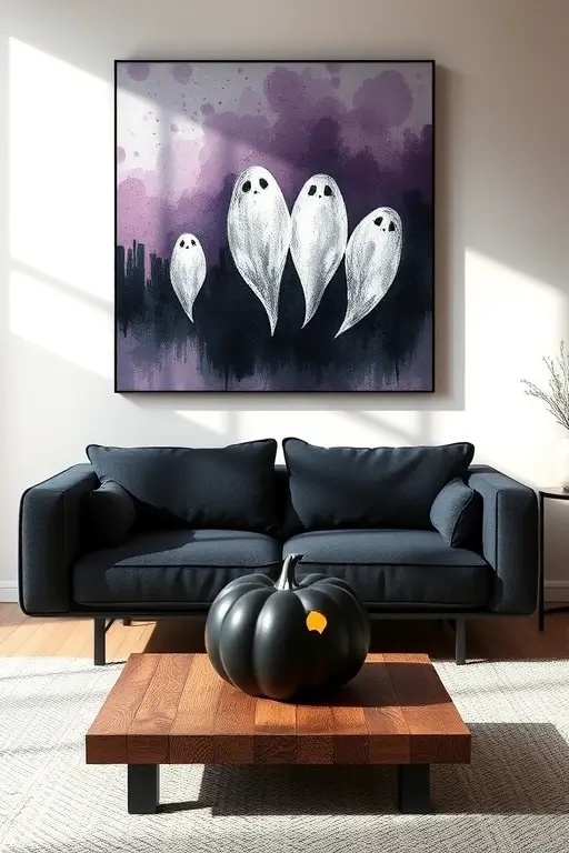 Whimsical Shadows - In a cozy nook, place a simple black side table adorned with a sculptural black candle holder. Choose a single, bold candle to command attention, casting playful shadows across the wall. A few understated bat cutouts can be affixed to the wall or even strategically placed on the table, their silhouettes a lovely contrast against the soft glow of the candlelight. This corner invites warmth without overwhelming the senses, creating a minimalist yet festive atmosphere.