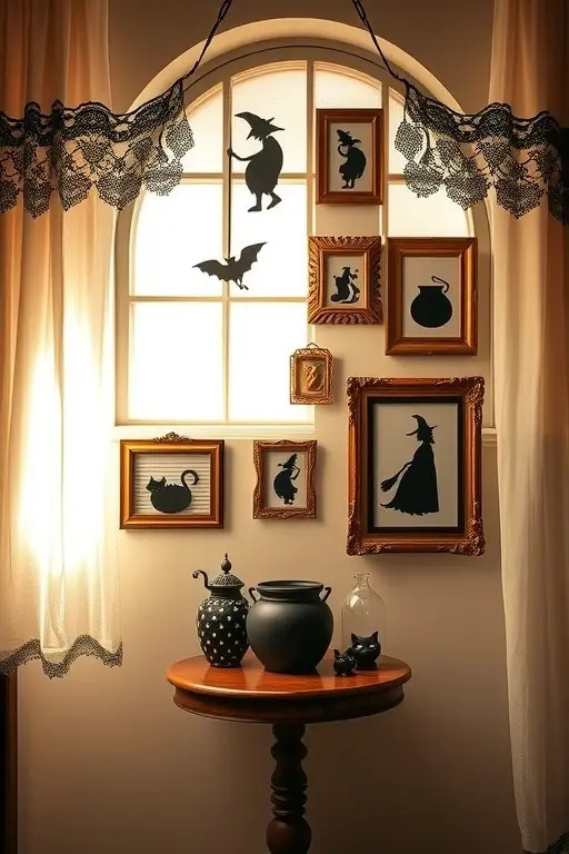 Witchy Whimsy Corner - Create a charming corner in your living room or entryway featuring a hanging tapestry or fabric wall art adorned with whimsical witch motifs. Pair it with DIY string lights shaped like stars and moons to create a glowing backdrop. Set up a few rustic shelves below to display seasonal pumpkins and herbs. This combination not only draws attention to the magic of Halloween but also adds a cozy warmth to your space, making it feel inviting without the fuss of overly elaborate decor.