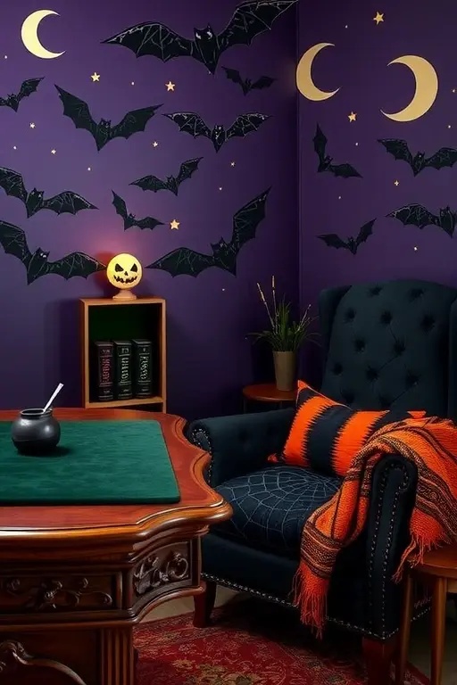 Whimsical Witch's Corner - Create a Whimsical Witch's Corner that exudes charm while being undeniably chic. Begin with a playful gallery wall featuring framed prints of autumn leaves, owls, and abstract witch hats. Incorporate natural elements like a mini pumpkin centerpiece on your desk, surrounded by a cluster of potted herbs—think sage or thyme for that earthy vibe. Use a delicate string of fairy lights to outline your bookshelf or desk, adding a twinkling touch reminiscent of a starlit Halloween night. This corner should invite creativity while keeping your professional edge intact.