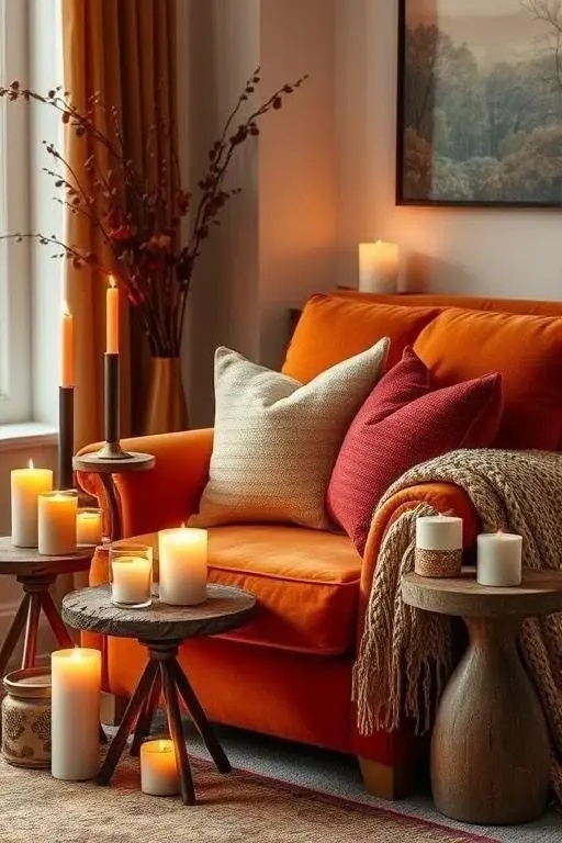 Candlelit Cozy Nook - Layer your mantel with an assortment of candles in varying heights and styles. Opt for rich, autumnal scents like cinnamon or nutmeg to add an olfactory dimension. Surround them with natural elements such as acorns or pinecones for a rustic touch that brings warmth and ambiance to the space.