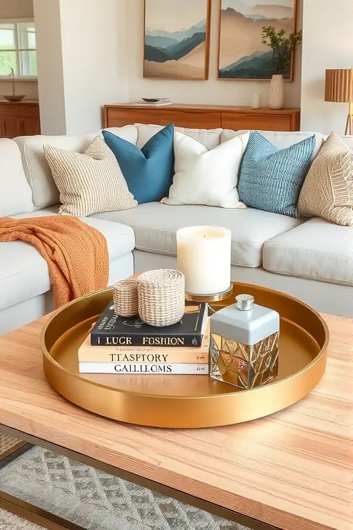 The Tray of Treasures - Choose a rustic wooden or woven tray to gather smaller decor pieces. This creates a defined space on your table and allows for easy rearranging. Fill it with candles, a small plant, or a decorative bowl to create a cozy vignette that feels personal and well-thought-out.