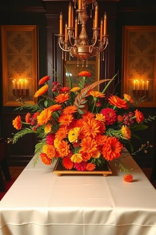 Orange Outburst Centerpiece - Craft a centerpiece that boldly declares the holiday spirit. Think oversized orange dahlias mixed with rustic branches and twinkling fairy lights. This explosion of color and texture will not just serve as a focal point; it will command the room, celebrating the harvest season with unrestrained flair.