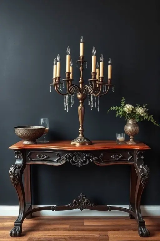 Candelabra Dreams - Invite the ethereal glow of a candelabra to your haunted soirée. Choose one with an intricate design, and nestle it amidst the pumpkins. Play with taper candles of varying heights—some flickering, some still—to cast dancing shadows that weave tales as old as time.