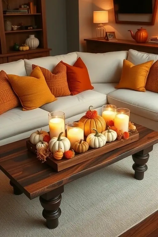 Candlelit Pumpkin Vignettes - Embrace the charm of simple sophistication by placing pillar candles inside carved pumpkins. Group them on a rustic wooden tray or a mirrored surface to reflect their warm glow. This timeless approach adds a touch of elegance to your dining table or coffee table, inviting soft illumination and thoughtful conversation.