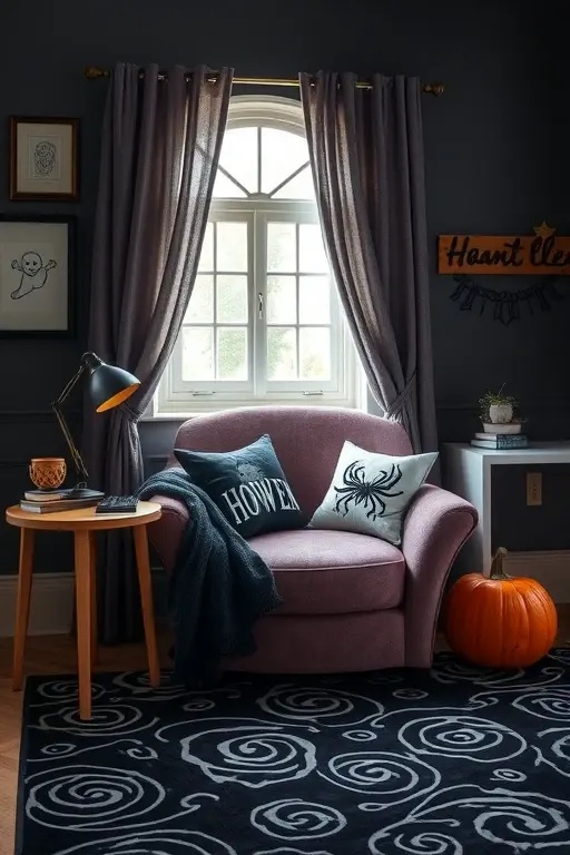 Haunting Elegance - For those who thrive on sophistication, embrace the haunting elegance of velvet pillows in deep, rich colors like midnight black and blood red, adorned with intricate lace patterns and ghostly silhouettes. This design elevates your space into a dramatic sanctuary, where every corner feels imbued with passion and a touch of the paranormal. It’s an invitation for intimate gatherings, where chilling tales of the past are shared over candlelit conversations.