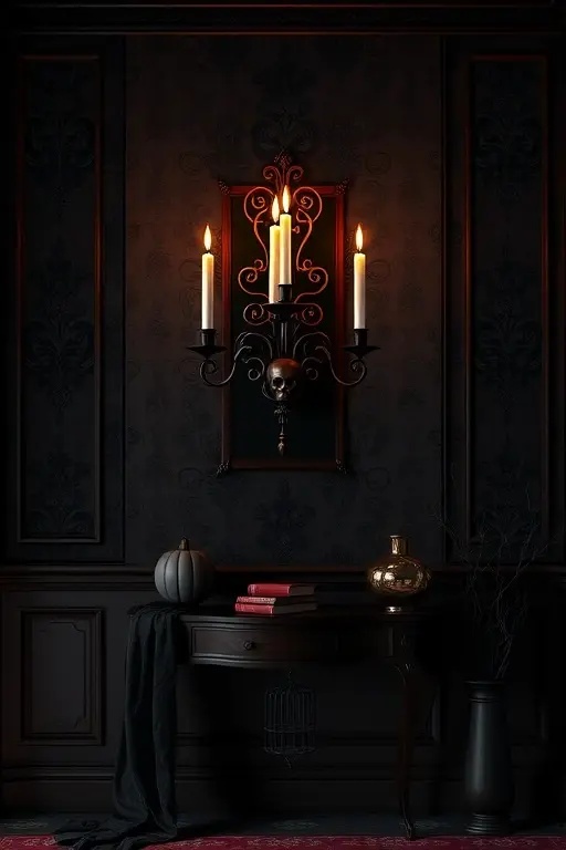 Gothic Candelabra Chic - These wall-mounted candelabras, with intricate details and dark finishes, are the perfect blend of gothic romance and Halloween spirit. Think of them as your chic friends who just happen to have a flair for the dramatic — they’ll illuminate your walls while adding an air of sophistication.
