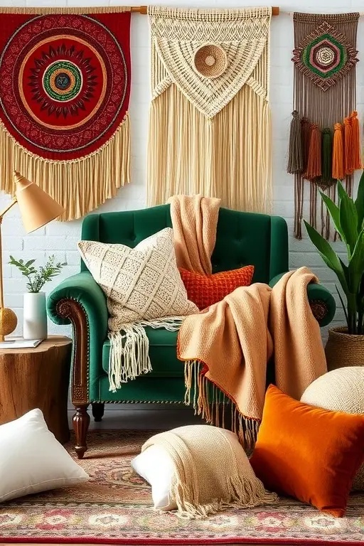 The Bohemian Nest - Envelop yourself in a world of whimsy with a rattan vintage armchair surrounded by an explosion of textured knitted throws in earth tones. Layer in oversized, tassel-adorned cushions that whisper tales of faraway lands, creating a cozy nook that invites daydreams and conversation alike.