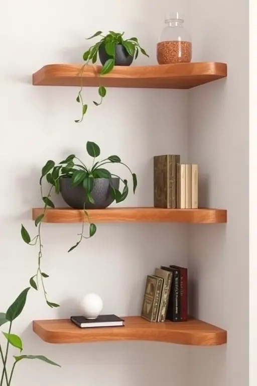 Nature's Embrace - Infuse your space with organic beauty by integrating live plants into your corner shelves. Constructed from reclaimed wood, these shelves cradle lush greenery, turning corners into verdant retreats. Consider cascading vines and artfully arranged potted herbs, merging function with a breath of fresh air that nourishes the spirit.